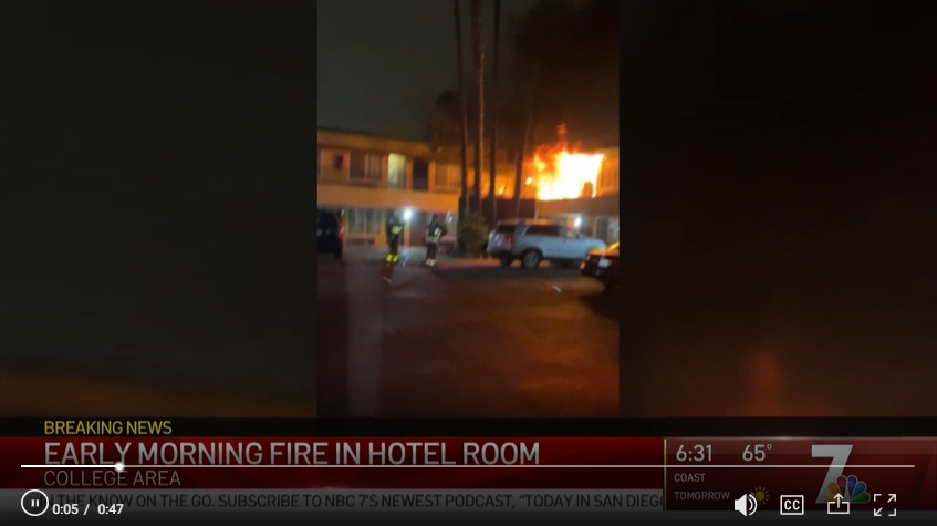 Scrrenshot of an NBC San Diego video showing a local Howard Johnson hotel on fire.